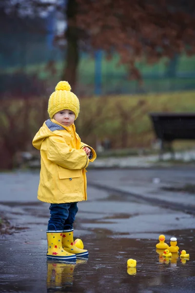 Beautiful funny blonde toddler boy with rubber ducks and colorfu — 스톡 사진