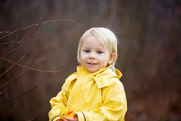 Mooi grappig blond peuter jongen, kijken naar regen druppels op een beha — Stockfoto