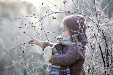 Şapkası ve şapkası olan, örgülü bir elbise giymiş, güzel bir çocuk.