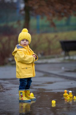 Beautiful funny blonde toddler boy with rubber ducks and colorfu