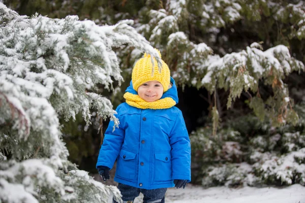 Menino doce, brincando com neve no playground — Fotografia de Stock