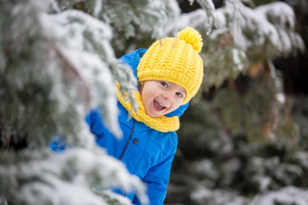 Dolce bambino ragazzo, giocando con la neve sul parco giochi — Foto Stock