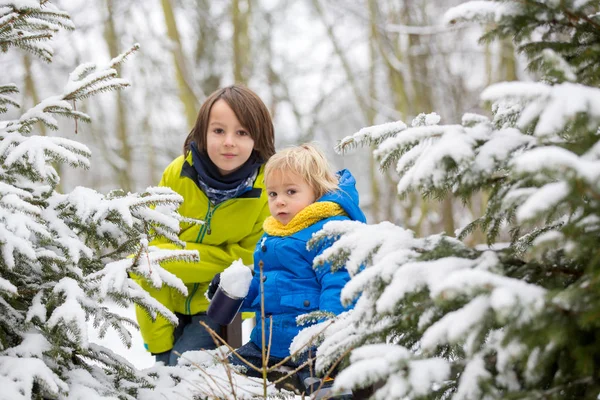 Dolce bambino ragazzo, giocando con la neve sul parco giochi — Foto Stock