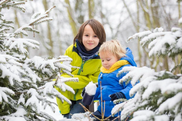 Söta småbarn pojke, leka med snö på lekplatsen — Stockfoto