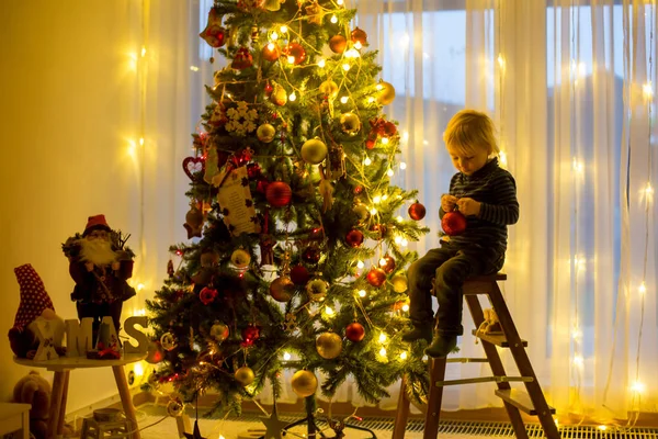 Güzel sarışın çocuk, Noel ağacını balla süslüyor. — Stok fotoğraf