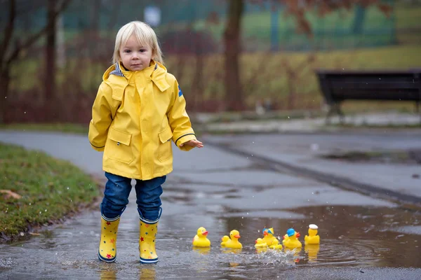 Linda engraçada loira criança menino com patos de borracha e colorfu — Fotografia de Stock