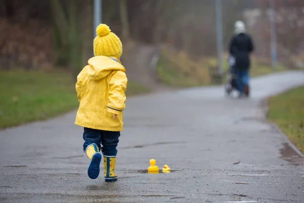 Hermoso niño rubio divertido con patos de goma y colorfu —  Fotos de Stock