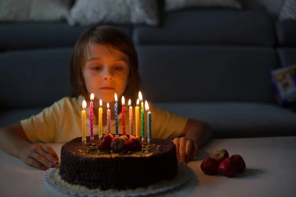 Beautiful boy, celebrating his tenth birthday at home with homem — Stock Photo, Image