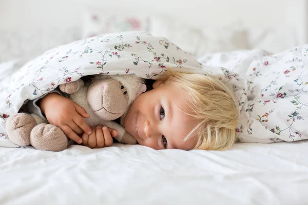 小さな幼児の男の子、テディのおもちゃで遊んで入り江の下に隠れて — ストック写真