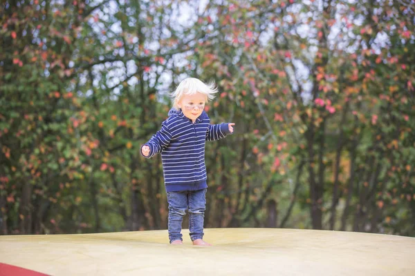Мила дитина, хлопчик, стрибає на великому батуті в парку — стокове фото