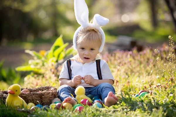 Tavşan kulakları ile Tatlı yürümeye başlayan çocuk, Paskalya için yumurta avcılık, çocuk — Stok fotoğraf