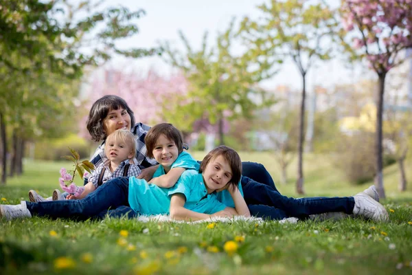奶奶和孩子们在一个美丽的开花的春天公园里 — 图库照片