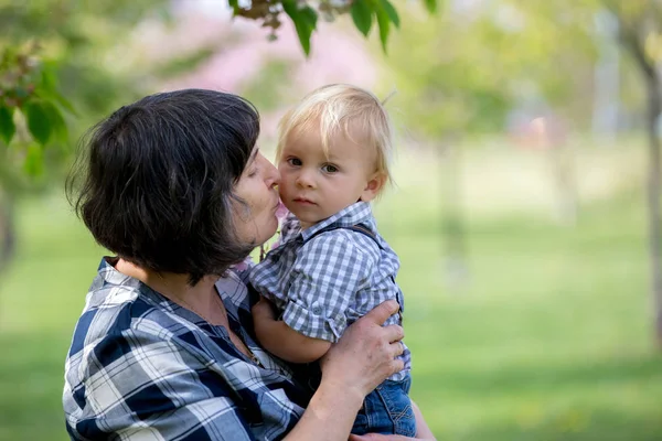 Grootmoeder en kinderen in een prachtig bloeiend voorjaarspark — Stockfoto