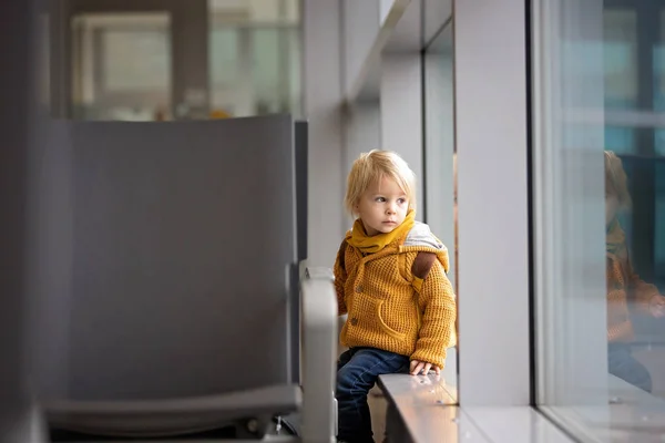 Блондинка мальчик с семьей, путешествует на самолете, работает — стоковое фото