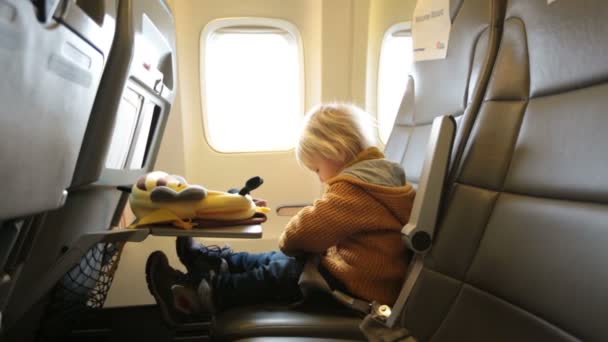 Blonde Toddler Boy Flying Airplane Enjoying Flight Drawing — Stock Video