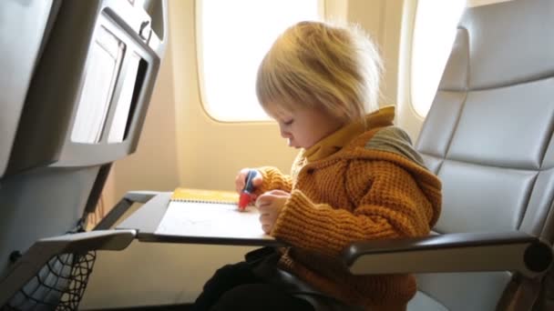 Blonde蹒跚学步的男孩 与飞机一起飞行 享受着飞行画图 — 图库视频影像