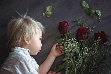 Beautiful toddler boy, holding red roses for mother's day