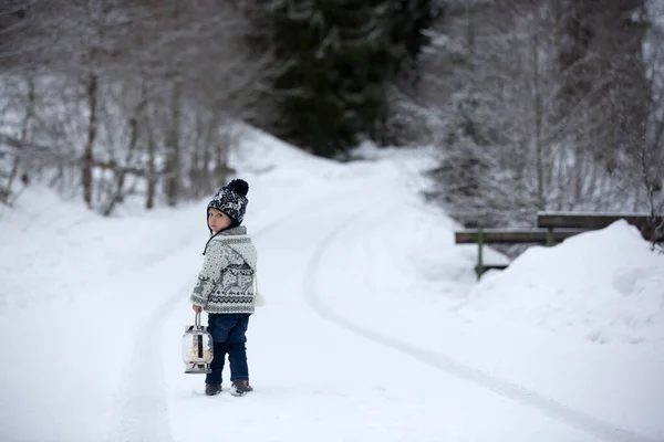 Cute Boy Playing Teddy Bear Snow Winter Time Littl — Stock Photo, Image