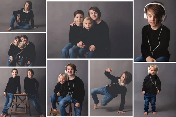 Collage Pictures Sweet Children Boy Brothers Black Sweaters Listening Music — Stock Photo, Image