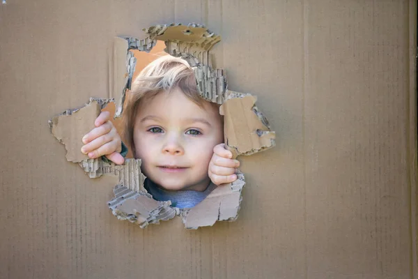Tatlı Çocuk Tatlı Sarışın Çocuk Karton Kutuda Saklanıyor Delikten Dışarı — Stok fotoğraf