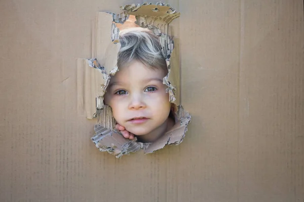 Doce Criança Lindo Menino Loiro Escondido Caixa Papelão Olhando Para — Fotografia de Stock