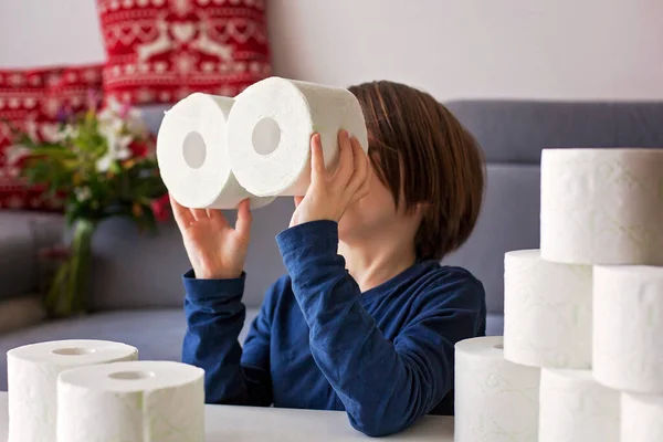 Child Playing Toilet Paper Ato Home — Stock Photo, Image