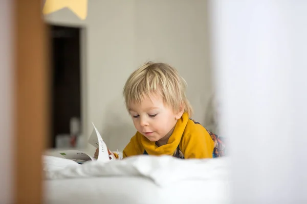 Beautiful Child Toddler Boy Reading Book Playing Creative Knowledge Shot — Stock Photo, Image