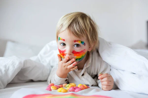 Beautiful Blond Toddler Boy Rainbow Painted His Face Messy Hands — Stock Photo, Image