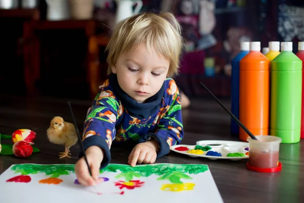 Sweet Toddler Blond Child Boy Painting Colors Little Chicks Walking — Stock Photo, Image