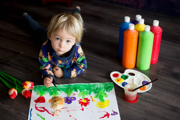 Sweet Toddler Blond Child Boy Painting Colors Little Chicks Walking — Stock Photo, Image
