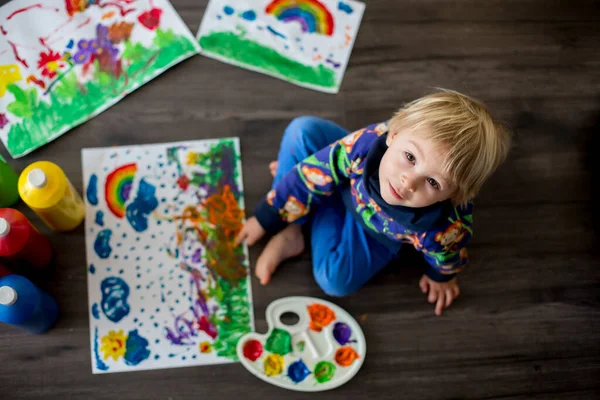 Sweet Toddler Blond Child Boy Painting Colors Making Finger Prints — Stock Photo, Image