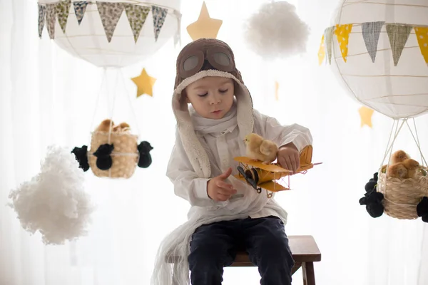 Cute Little Child Boy Playing Chicks Home Pretending Flying Sky — Stock Photo, Image