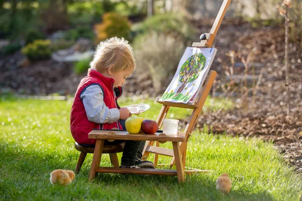 Sweet Toddler Child Painting Eggs Garden Little Chicks Running Him — Stock Photo, Image