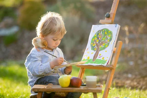 Sweet Toddler Child Painting Eggs Garden Little Chicks Running Him — Stock Photo, Image