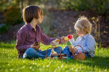 Tatlı çocuklar, çikolatalı tavşanlar yiyorlar ve gün batımında bahçede yumurta avına çıktıktan sonra paskalya yumurtalarıyla kavga ediyorlar.