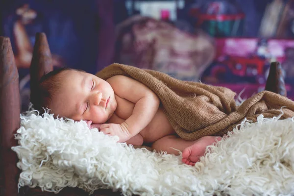 Little Newborn Baby Boy Sleeping Wooden Baby Bed Little Chick — Stock Photo, Image