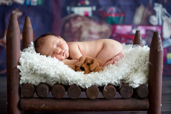 小男婴 和小小鸡 可爱的动物朋友睡在木制的婴儿床里 — 图库照片