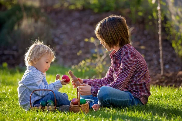 Cute Children Eating Chocolate Bunnies Fighting Easter Eggs Egg Hunting — Stock Photo, Image