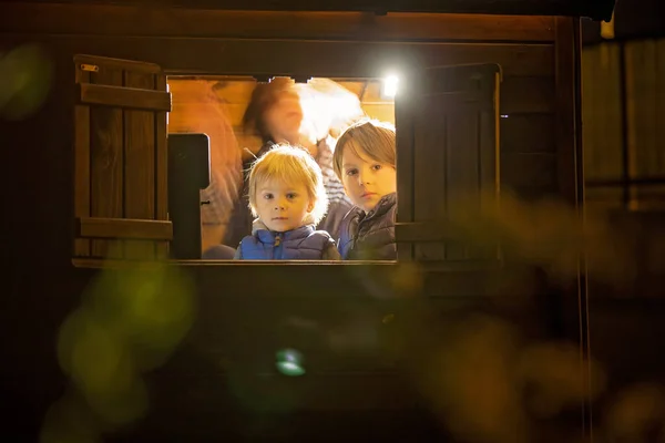 Çocuklar Geceleri Ağaçta Küçük Bir Çocuk Evinde Oturmak Uzun Pozlama — Stok fotoğraf