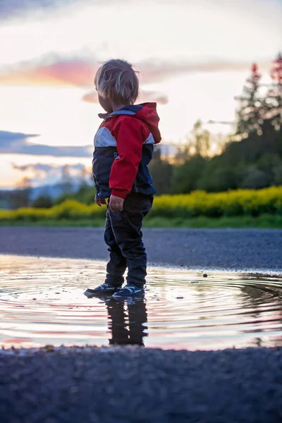 Tatlı Çocuk Kırmızı Yağmurluklu Şirin Çocuk Gün Batımında Birikintisinde Oynuyor — Stok fotoğraf