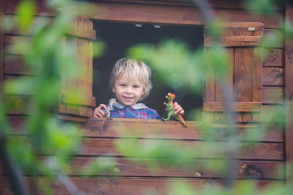 Malý Chlapec Stojící Okně Hrající Dinosaury Malém Dřevěném Domku Stromě — Stock fotografie