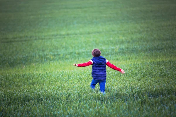 曇り空の日に緑の野を走る子供たち 男の子 子供の幸せを守る — ストック写真