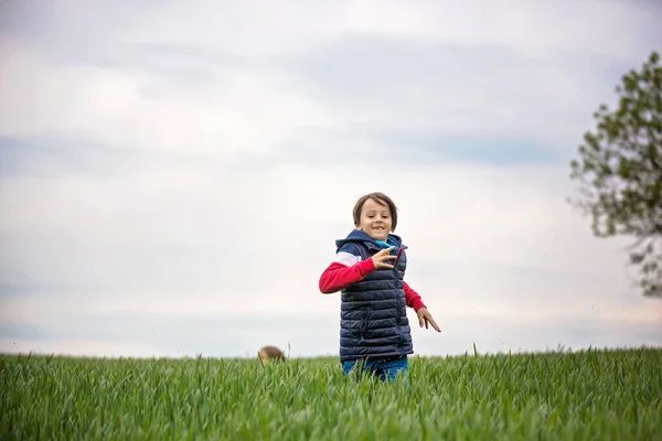 Fingir Crianças Meninos Correndo Campo Verde Dia Nublado Felicidade Infantil — Fotografia de Stock