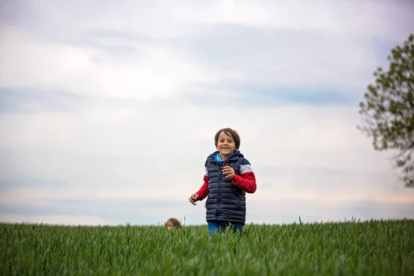 Προσποιηθείτε Παιδιά Αγόρια Τρέχει Στο Πράσινο Πεδίο Μια Συννεφιασμένη Μέρα — Φωτογραφία Αρχείου