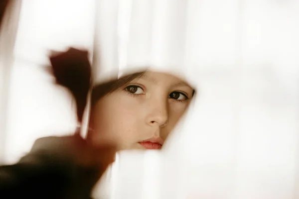 Reflection Cute Little Toddler Boy Child Looking Mirror Outdoors — Stock Photo, Image