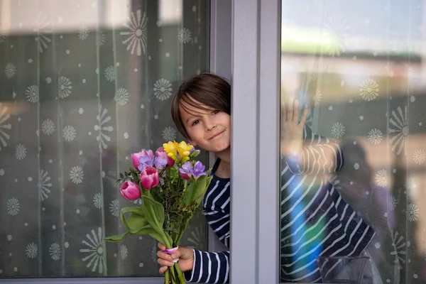 Kind Jongen Met Roze Tulp Bloemen Verbergen Achter Het Raam — Stockfoto