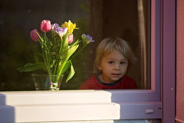 Enfant Garçon Tenant Des Fleurs Tulipes Roses Cachant Derrière Fenêtre — Photo