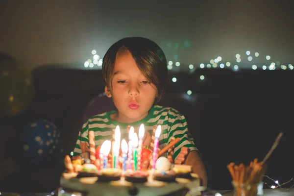Sweet Child Celevrating His Birhtday Homemade Birthday Cake Lots Chocolate — Stock Photo, Image