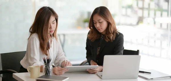 Jonge succesvolle zakenvrouw die samen over het project discussieert — Stockfoto