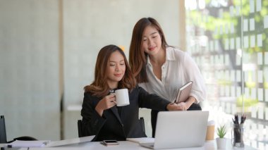 Modern ofis odasında dizüstü bilgisayarla birlikte projeleri üzerinde çalışan iki genç profesyonel iş kadını. 